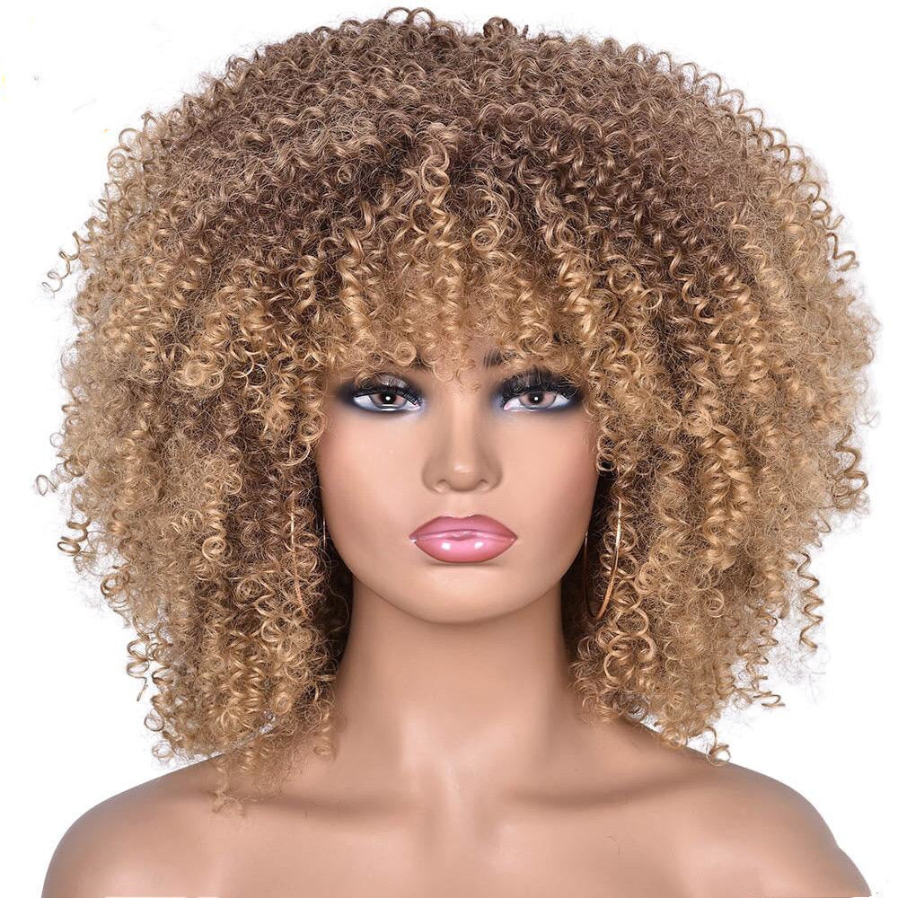 Peruca afro europeia e americana feminina, cabelo curto encaracolado, africano pequeno, cabelo encaracolado, malha de rosa, fibra química, perucas de arnês