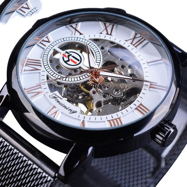 Fashion Casual Roman Numeral Mesh Belt Hollow Automatic Mechanical Watch