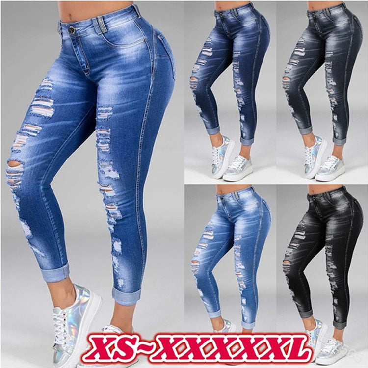 Jeans femininos rasgados com buracos mostram jeans stretch finos