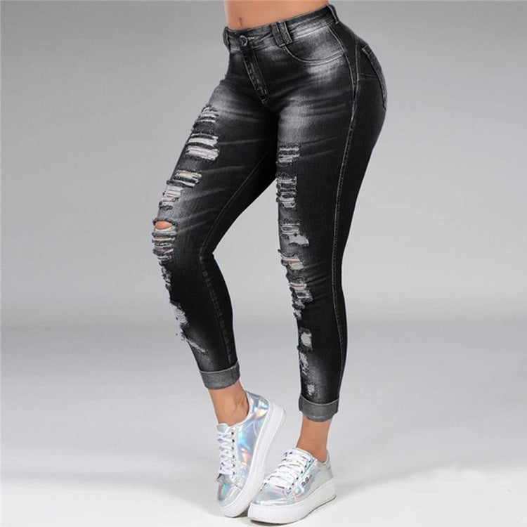 Ladies jeans ripped holes show thin stretch jeans