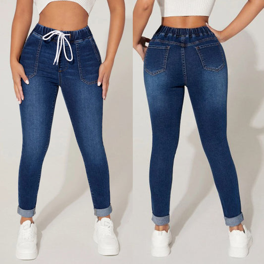 Nouveau Jean slim taille haute avec cordon de serrage, élastique,