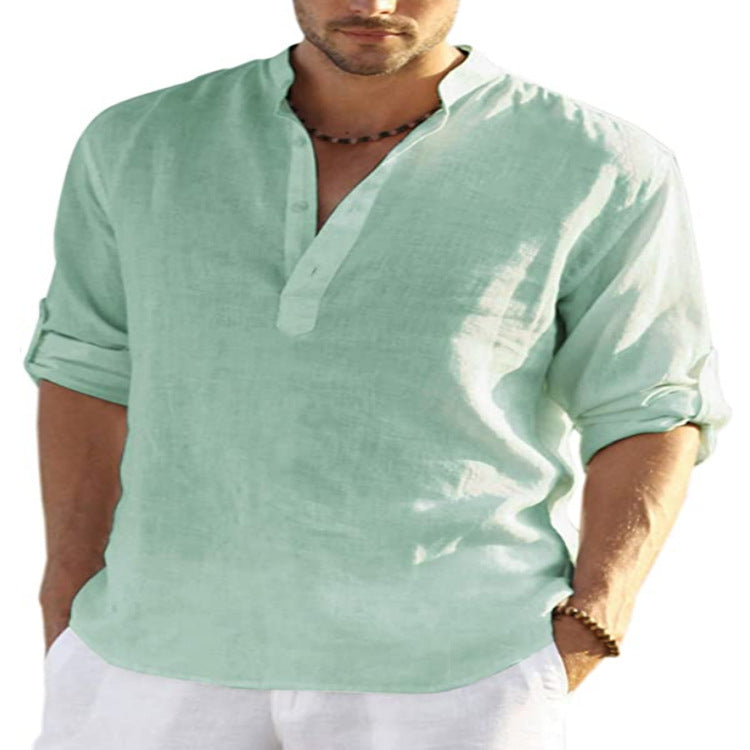 पुरुषों की कैज़ुअल कॉटन लिनन सॉलिड रंग लंबी आस्तीन वाली शर्ट लूज़ स्टैंड कॉलर