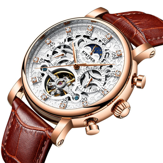 Nouveau KINYUED véritable automatique montre en cuir pour hommes montres creuses montres mécaniques temps de voyage précision