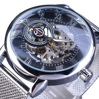 Men's Fashion Casual Mesh Belt Hollow Mechanical Watch