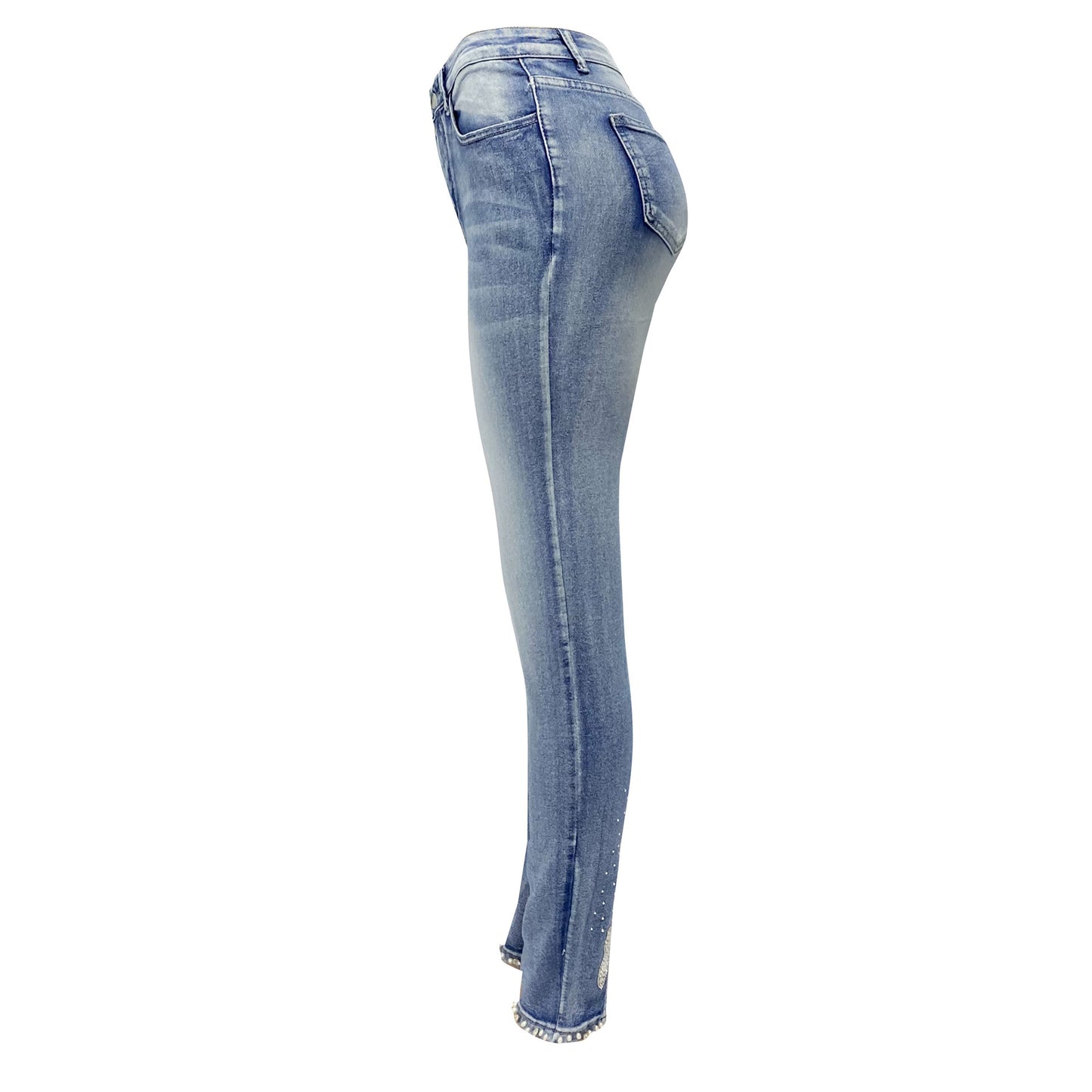 Jeans femininos europeus e americanos na moda cintura alta com contas skinny tappered calças