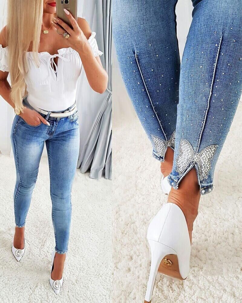 Jeans femininos europeus e americanos na moda cintura alta com contas skinny tappered calças