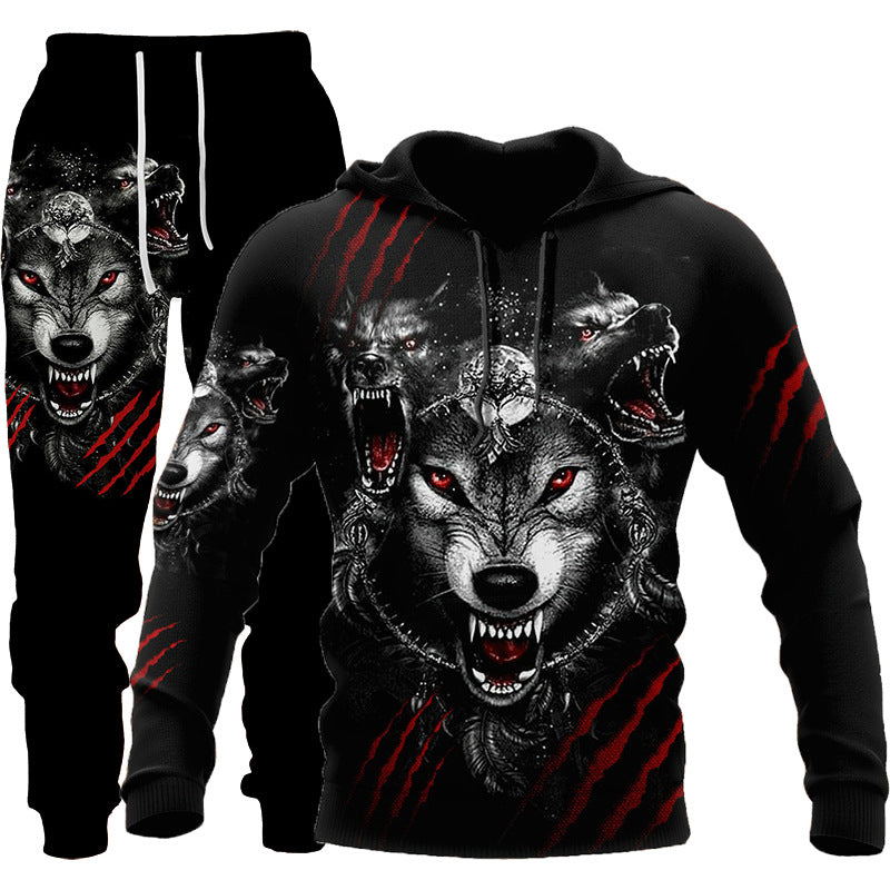 3d lobo impressão agasalho masculino moletom com capuz duas peças ao ar livre correndo de fitness roupas dos homens jogging conjunto