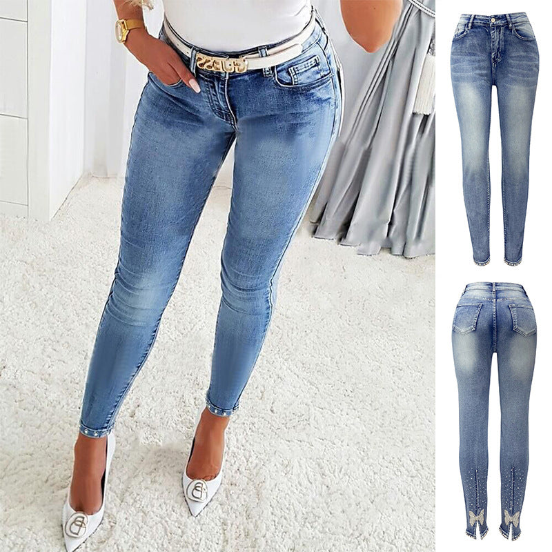 Jeans femininos europeus e americanos na moda cintura alta com contas skinny tappered calças