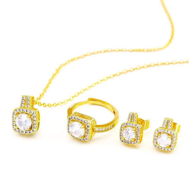 Mode-Schmuck-Set Zirkon Edelstein Anhänger Kette Halsband Halskette Für Frauen Gold Farbe Stud Ohrring Aussage Hochzeit Ring