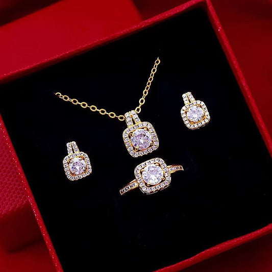 Mode-Schmuck-Set Zirkon Edelstein Anhänger Kette Halsband Halskette Für Frauen Gold Farbe Stud Ohrring Aussage Hochzeit Ring