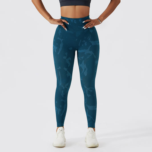 Pantalones deportivos con aumento de cadera color melocotón de camuflaje de secado rápido para mujer