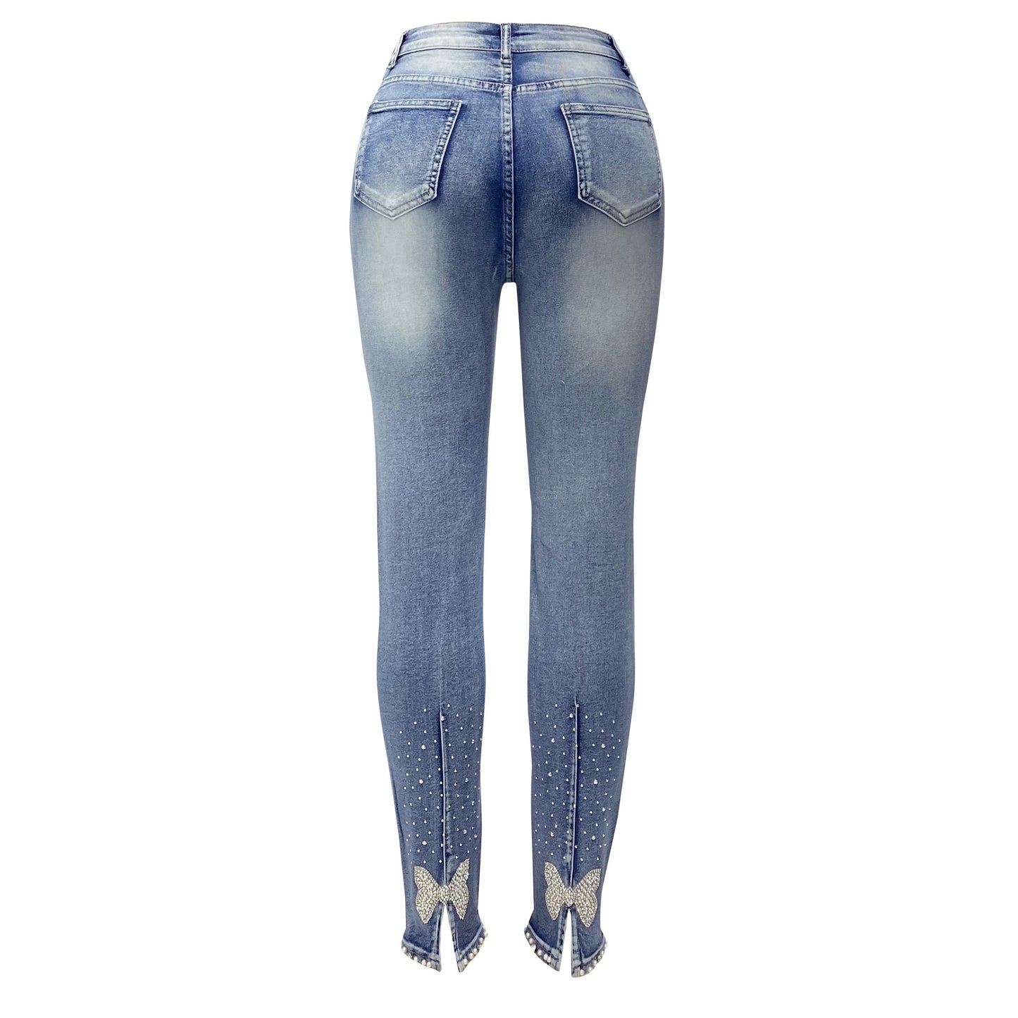 Jeans femininos europeus e americanos na moda cintura alta com contas skinny tappered calças