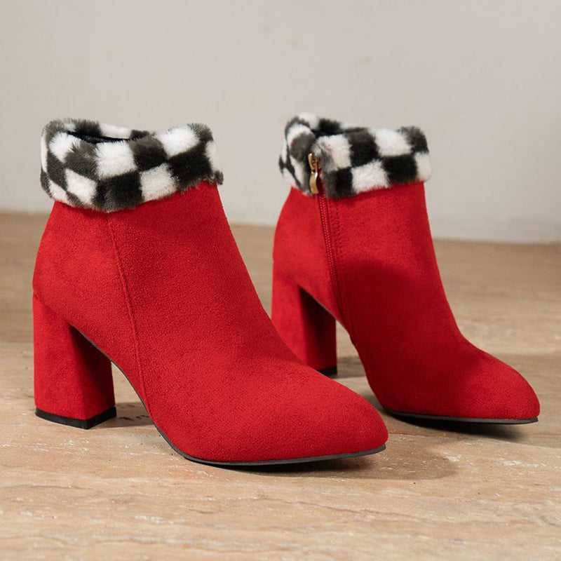 नए प्लेड प्रिंट प्लश एंकल बूट्स विंटर फ़ैशोइन स्क्वायर हील साबर बूट्स महिलाओं के कैज़ुअल वर्सटाइल जूते शरद ऋतु और सर्दियों में