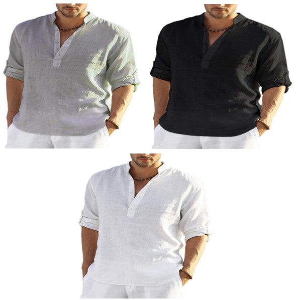 पुरुषों की कैज़ुअल कॉटन लिनन सॉलिड रंग लंबी आस्तीन वाली शर्ट लूज़ स्टैंड कॉलर