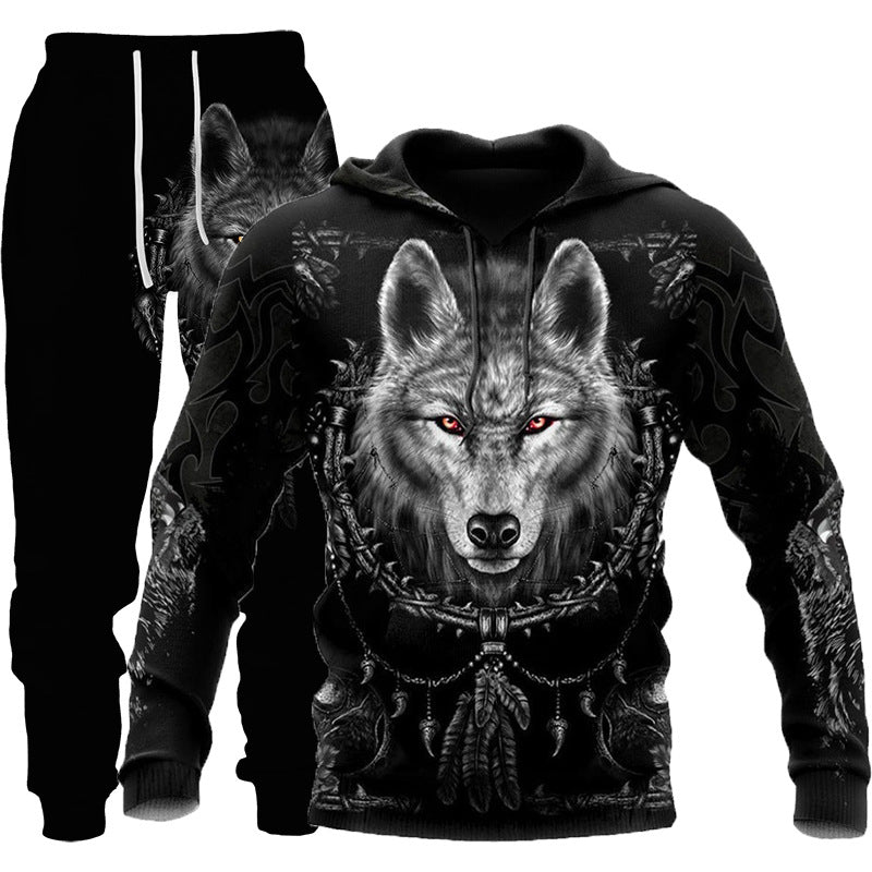 3d lobo impressão agasalho masculino moletom com capuz duas peças ao ar livre correndo de fitness roupas dos homens jogging conjunto