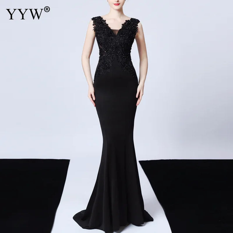 Sexy Deep V Neck Applique Evening Dress Women Mesh Backless Mermaid Dress Sleeveless Elegant Long Party Dress Ladies Formal Gown