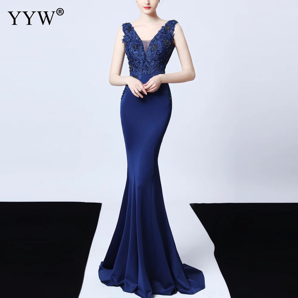 Sexy Deep V Neck Applique Evening Dress Women Mesh Backless Mermaid Dress Sleeveless Elegant Long Party Dress Ladies Formal Gown