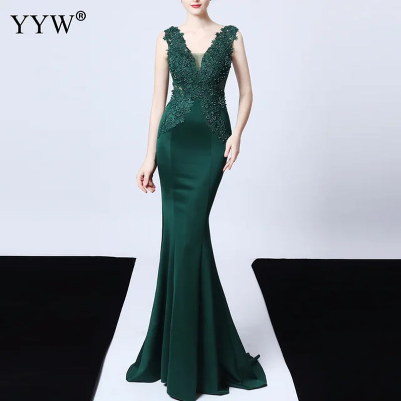 Sexy Deep V Neck Applique Evening Dress Women Mesh Backless Mermaid Dress Sleeveless Elegant Long Party Dress Ladies Formal Gown