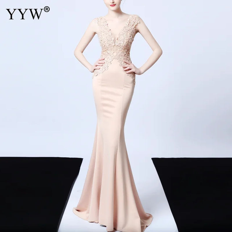 Sexy Deep V Neck Applique Evening Dress Women Mesh Backless Mermaid Dress Sleeveless Elegant Long Party Dress Ladies Formal Gown