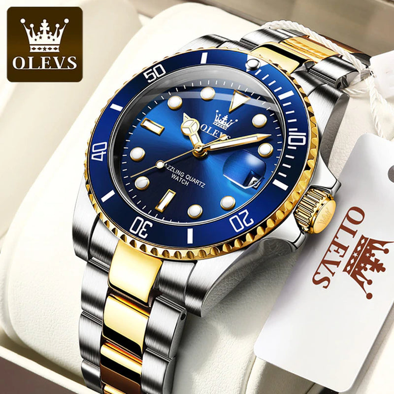 OLEVS Blue Water Ghost Mens Watches Stainless Steel Top Brand Luxury Quartz with Watch for Men Relogio Masculino Watch for Man