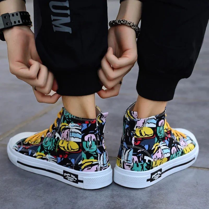 Cool Discount Low Price Shoes Graffiti Canvas Shoes Men'S Sneakers High Top Couple Style Board Casual Mens Tennis Men'S Shoes