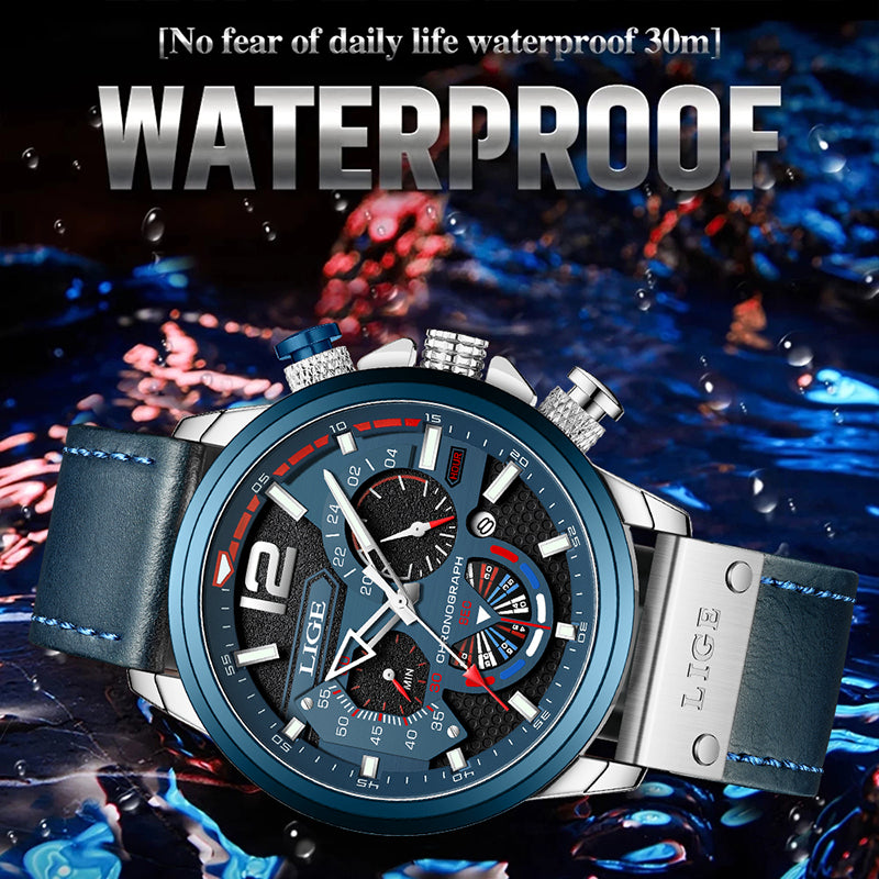 LIGE Top Brand Luxury Men Watches Luminous Date Quartz Wristwatch Waterproof Leather Watch for Men Chronograph Relogio Masculino
