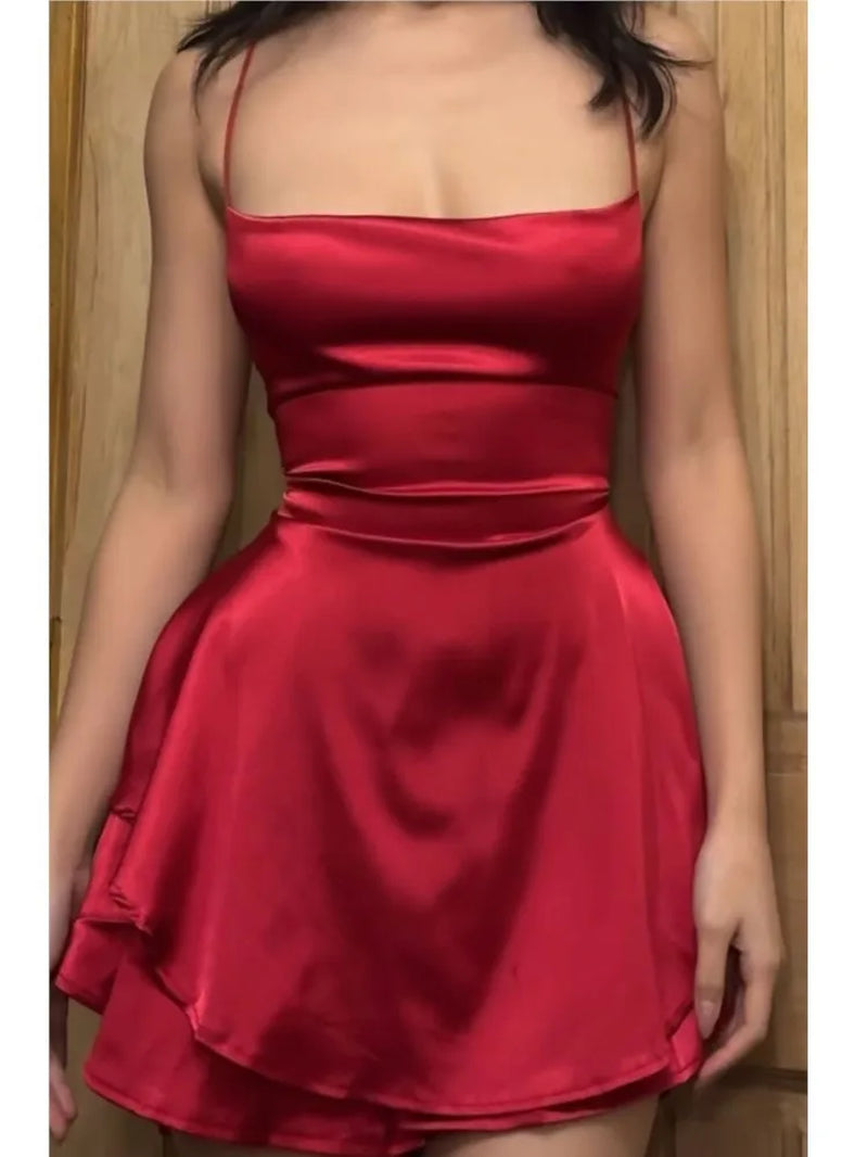 Sexy Backless Bandage Red Dress Women Elegant Satin Sleeveless Bodycon Mini Dresses Fashion Party Club Female Slim Vestidos