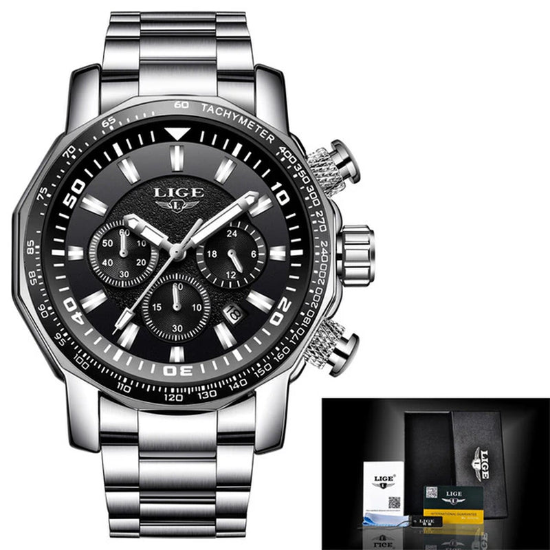 New LIGE Men Watches Waterproof Date Brand Clock Luxury Large Dial Watch for Men Chronograph Stainless Steel Quartz Wrist Watch