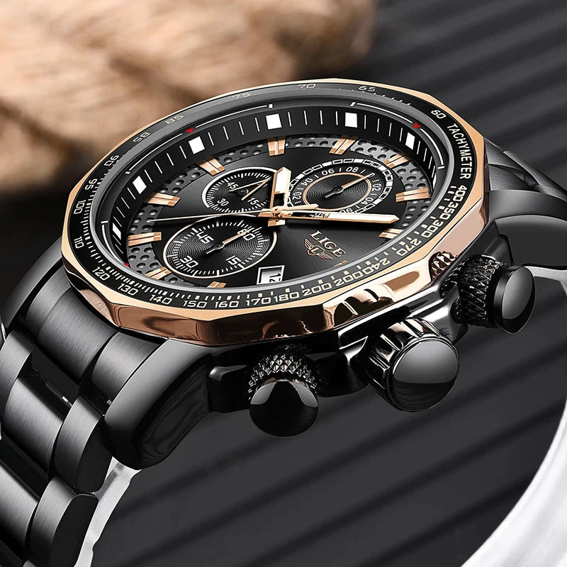 New LIGE Men Watches Waterproof Date Brand Clock Luxury Large Dial Watch for Men Chronograph Stainless Steel Quartz Wrist Watch