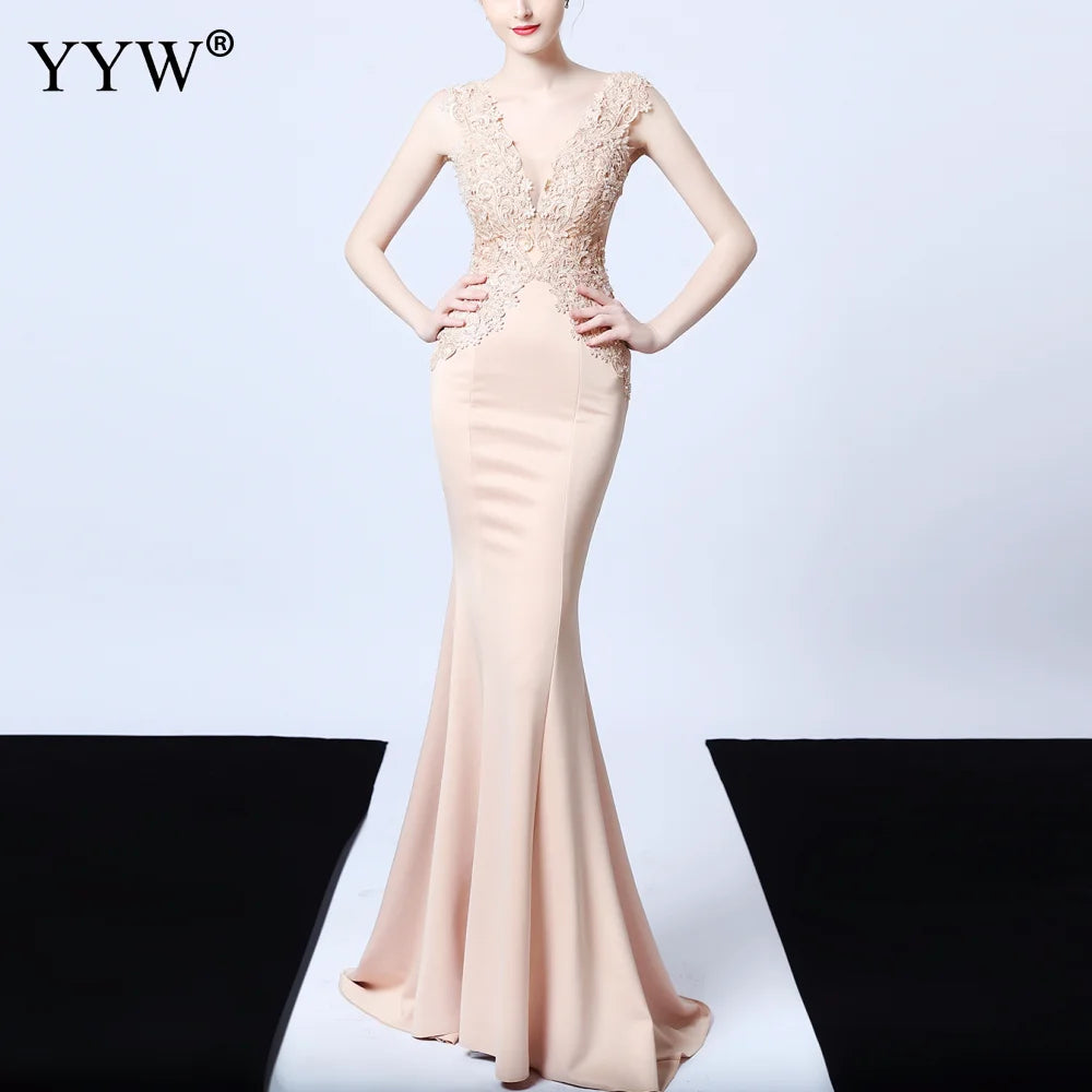 Sexy Deep V Neck Applique Evening Dress Women Mesh Backless Mermaid Dress Sleeveless Elegant Long Party Dress Ladies Formal Gown