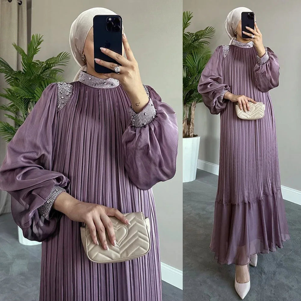 Muslim Women Abayas Pleated Diamonds Luxury Dress Turkey Kaftan Long Sleeve Gown Dubai Islam Eid Party Ramadan Jalabiya Vestidos