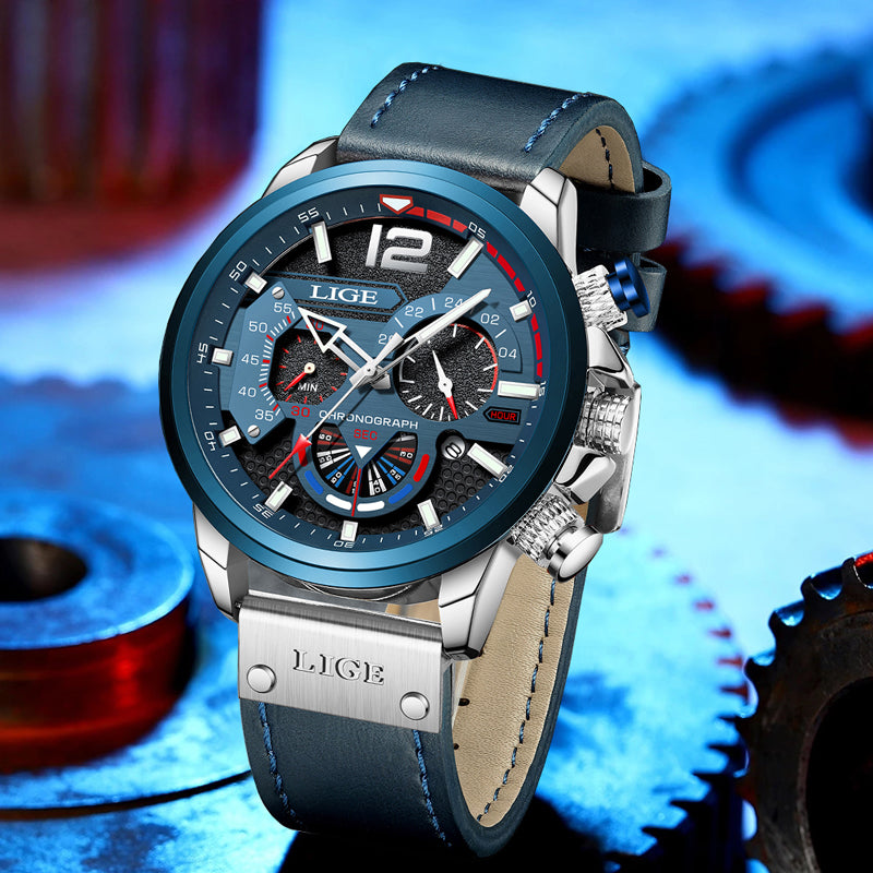 LIGE Top Brand Luxury Men Watches Luminous Date Quartz Wristwatch Waterproof Leather Watch for Men Chronograph Relogio Masculino