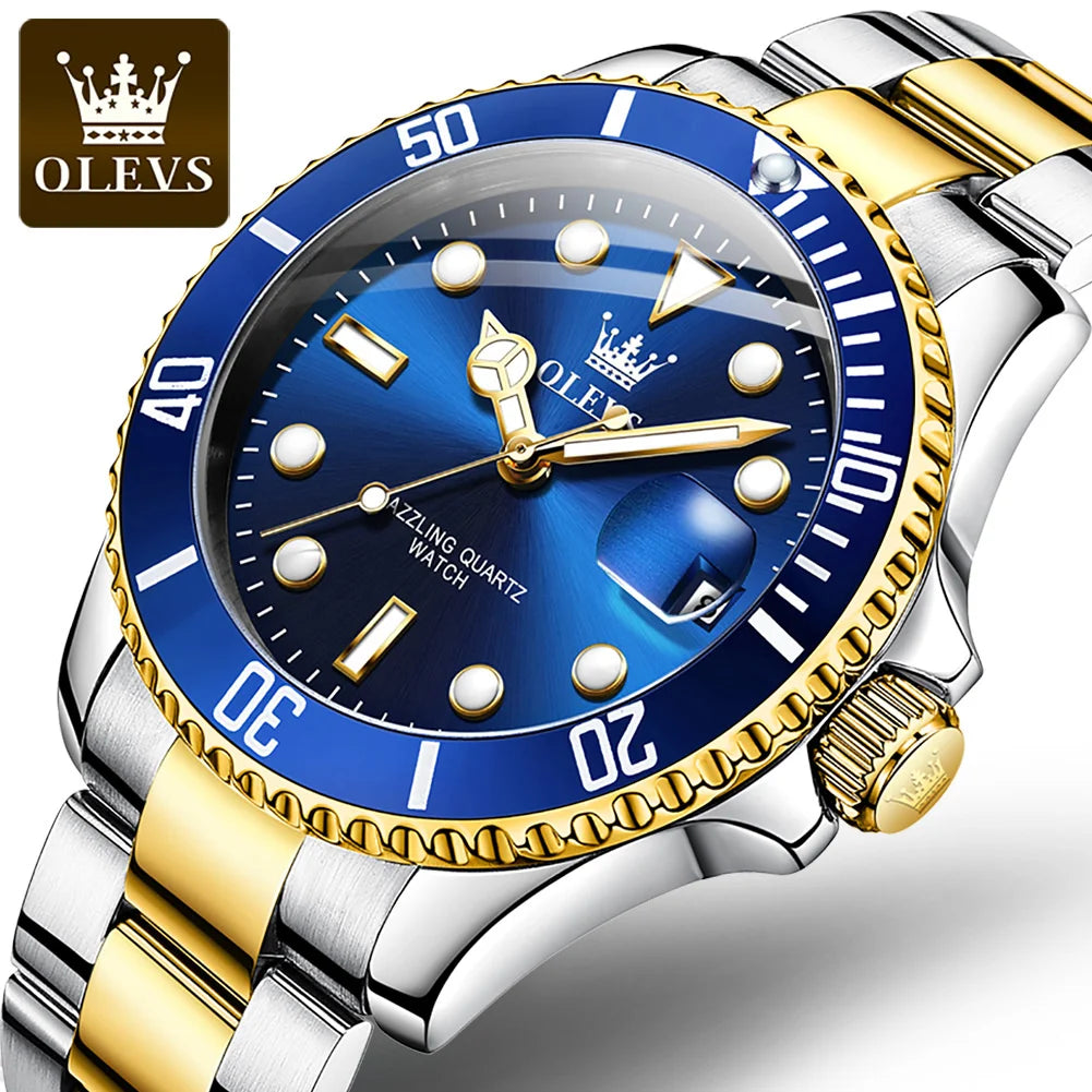 OLEVS Blue Water Ghost Mens Watches Stainless Steel Top Brand Luxury Quartz with Watch for Men Relogio Masculino Watch for Man