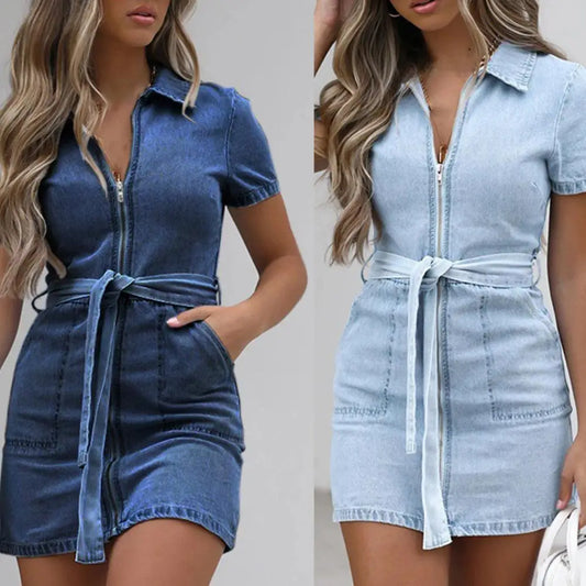 Denim Dress Waist Belt Pockets Women Short Sleeve Zippers Jean Dress Party Dresses Short Sleeve Swing Dress Vestidos plus Size