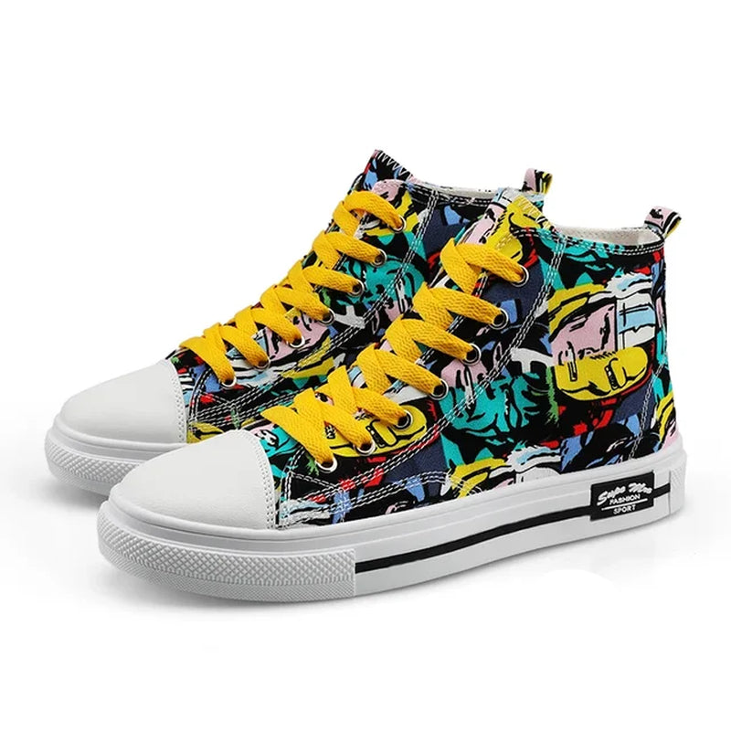 Cool Discount Low Price Shoes Graffiti Canvas Shoes Men'S Sneakers High Top Couple Style Board Casual Mens Tennis Men'S Shoes