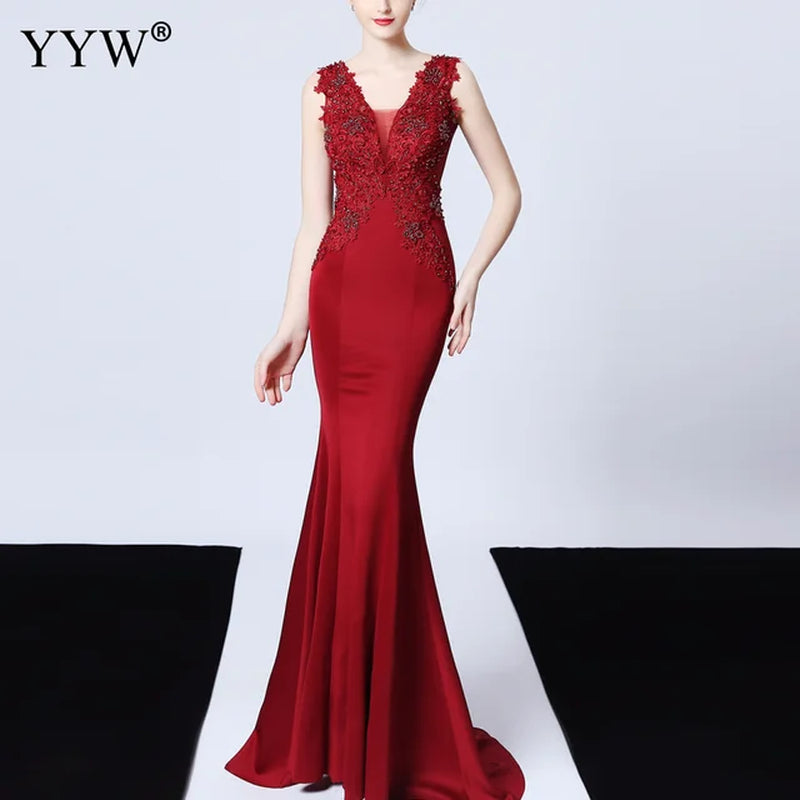 Sexy Deep V Neck Applique Evening Dress Women Mesh Backless Mermaid Dress Sleeveless Elegant Long Party Dress Ladies Formal Gown