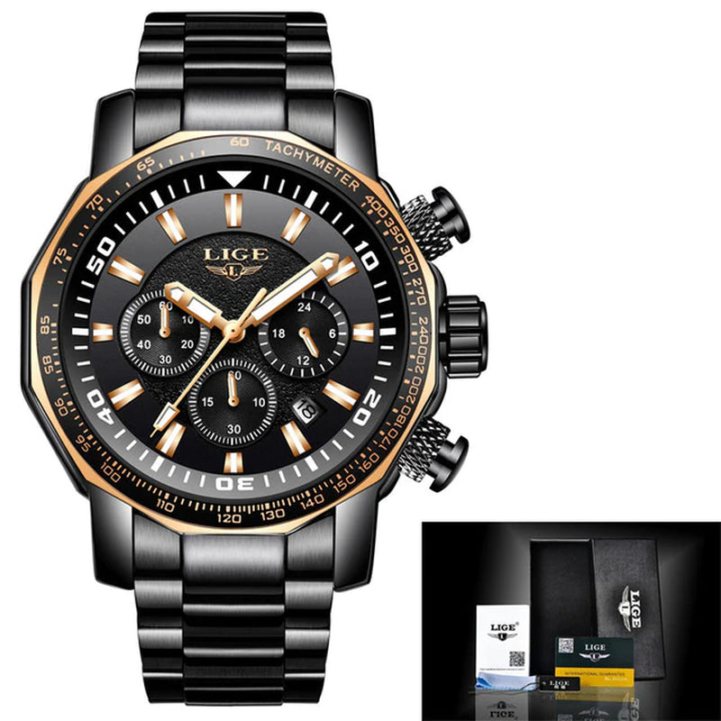 New LIGE Men Watches Waterproof Date Brand Clock Luxury Large Dial Watch for Men Chronograph Stainless Steel Quartz Wrist Watch