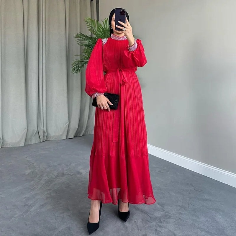 Muslim Women Abayas Pleated Diamonds Luxury Dress Turkey Kaftan Long Sleeve Gown Dubai Islam Eid Party Ramadan Jalabiya Vestidos