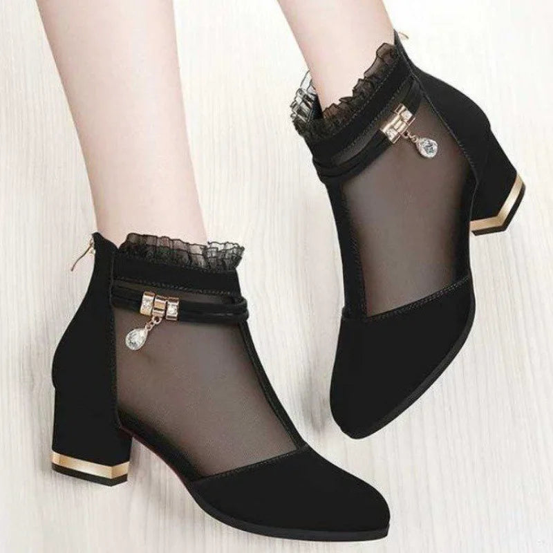 Net Yarn Women'S Shoes High-Heeled Sandals Women Thick Heel Short Tube Women'S Shoes Women'S Shoes New Shoes Women'S Singles