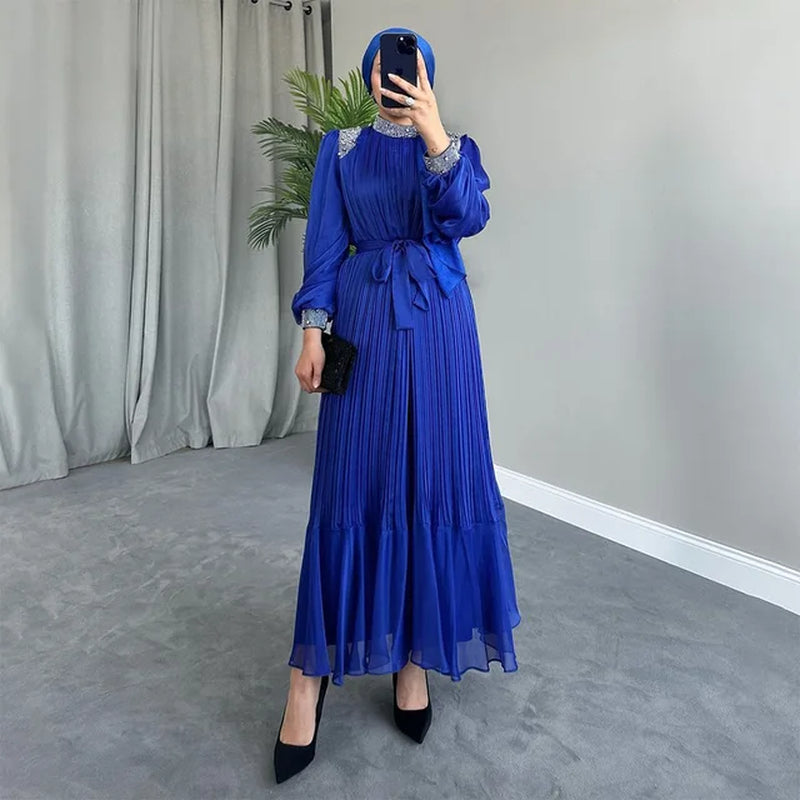 Muslim Women Abayas Pleated Diamonds Luxury Dress Turkey Kaftan Long Sleeve Gown Dubai Islam Eid Party Ramadan Jalabiya Vestidos