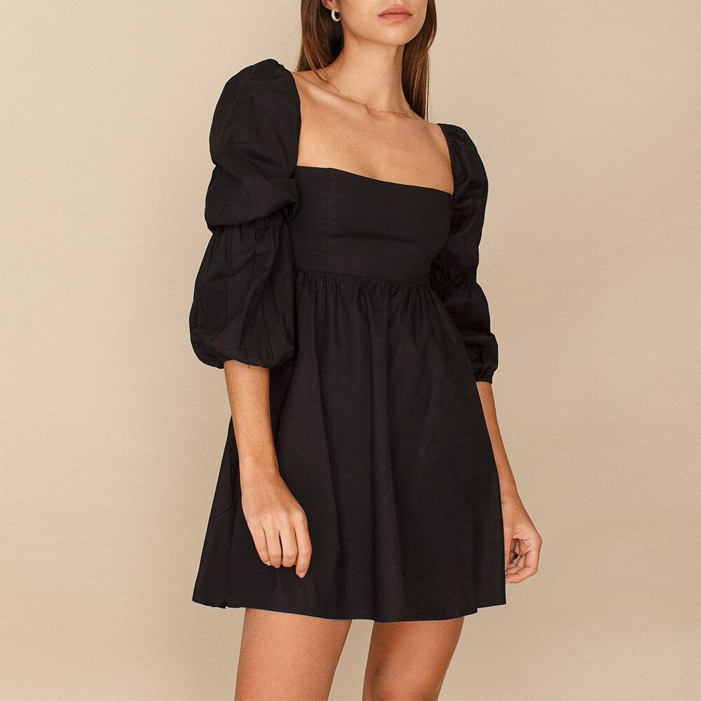 Dresses for Women 2021 Gothic Clothes Square Neck Empire Black Mini Dress Back Shirred Long Double Puff Sleeve Babydoll Dress