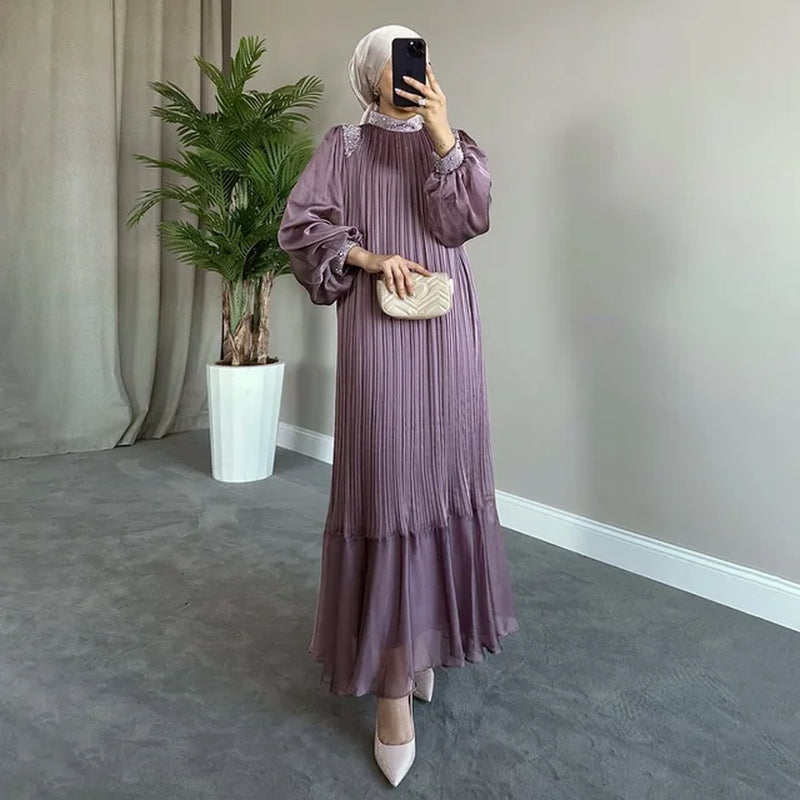 Muslim Women Abayas Pleated Diamonds Luxury Dress Turkey Kaftan Long Sleeve Gown Dubai Islam Eid Party Ramadan Jalabiya Vestidos