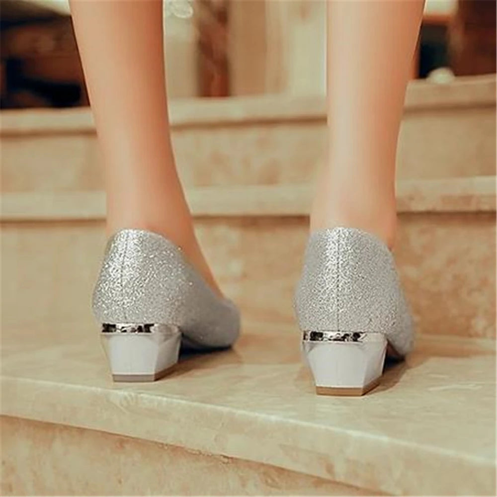 2023 New Pointed Single Shoes Korean Joker Flash Silver Gradient Shallow-Mouthed Women'S Shoes with Thick Heels Pumps for Women