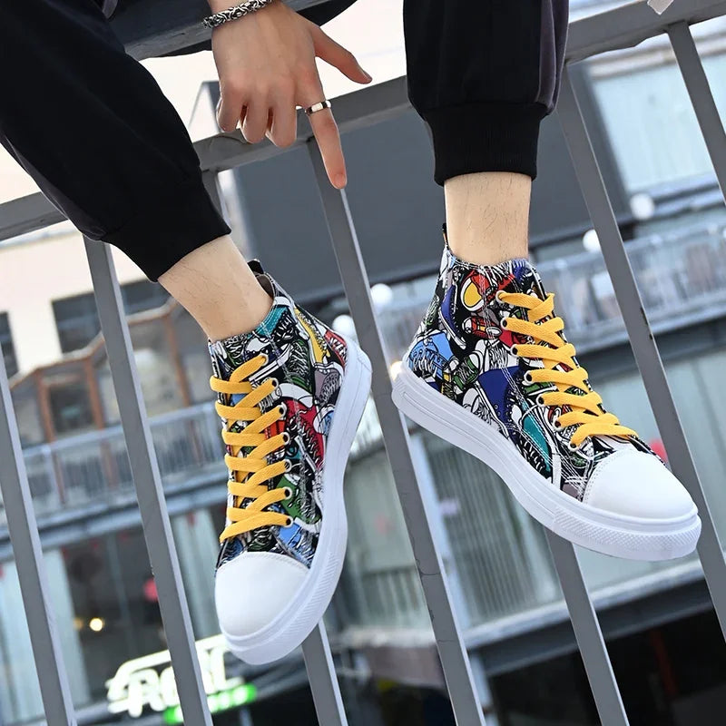 Cool Discount Low Price Shoes Graffiti Canvas Shoes Men'S Sneakers High Top Couple Style Board Casual Mens Tennis Men'S Shoes