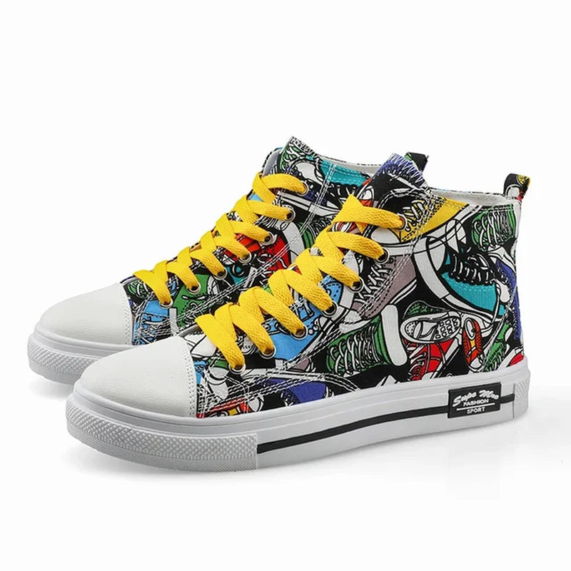 Cool Discount Low Price Shoes Graffiti Canvas Shoes Men'S Sneakers High Top Couple Style Board Casual Mens Tennis Men'S Shoes