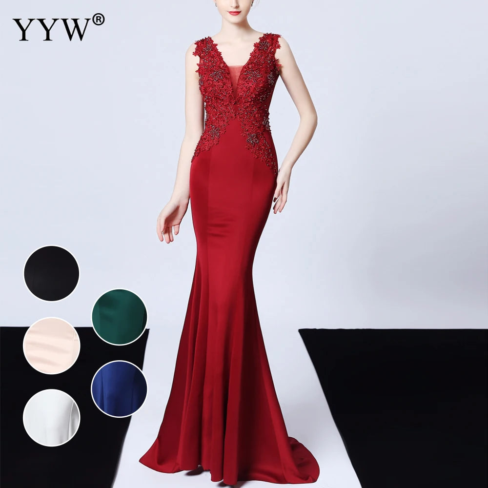 Sexy Deep V Neck Applique Evening Dress Women Mesh Backless Mermaid Dress Sleeveless Elegant Long Party Dress Ladies Formal Gown