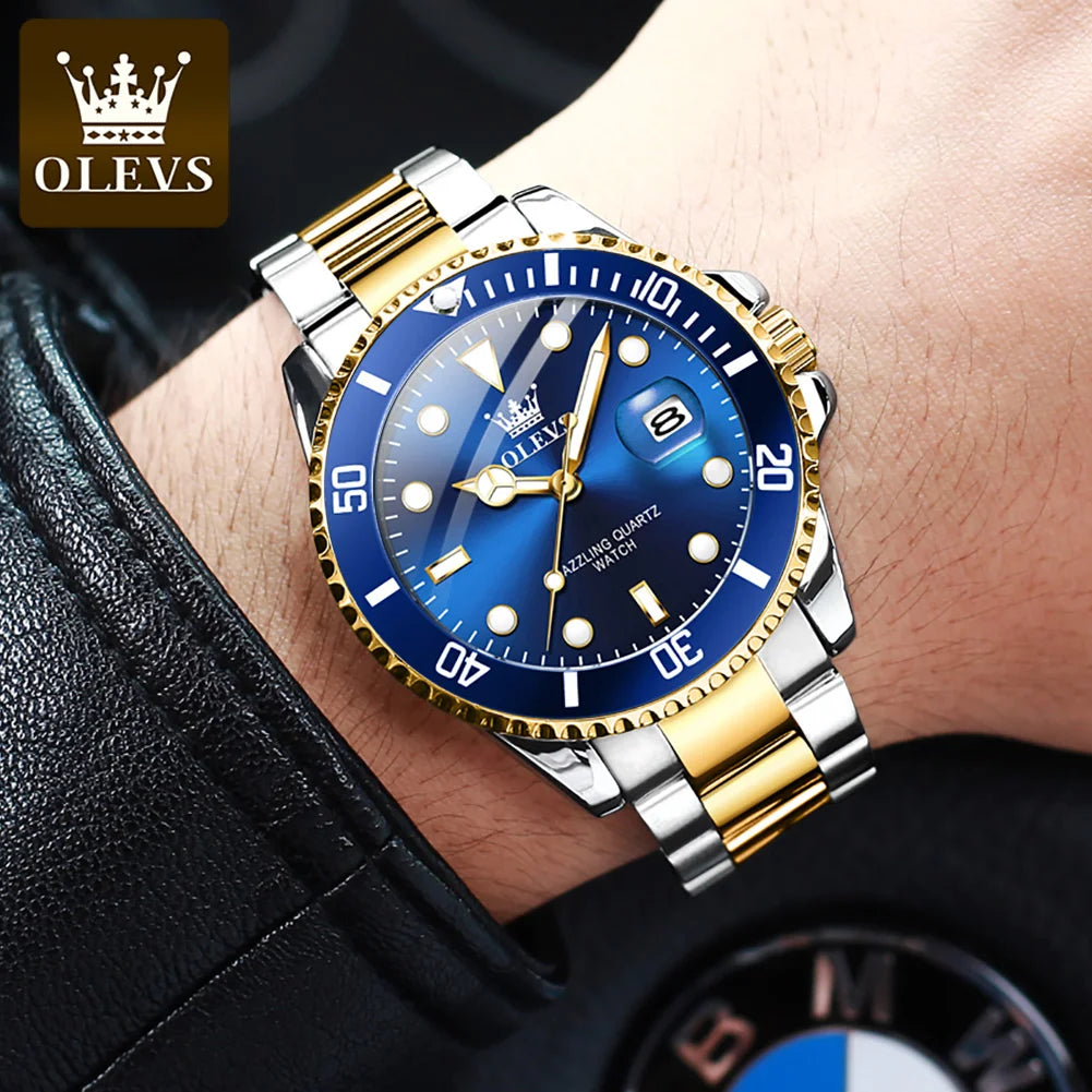 OLEVS Blue Water Ghost Mens Watches Stainless Steel Top Brand Luxury Quartz with Watch for Men Relogio Masculino Watch for Man