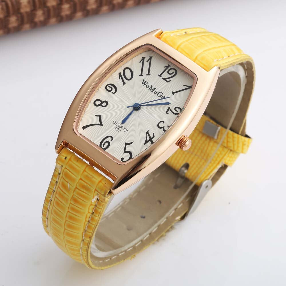 WOMAGE Watch Fashion Women Dress Watches Tonneau Case Women'S Watches Yellow Leather Watch Quartz Dames Horloges Montre Femme