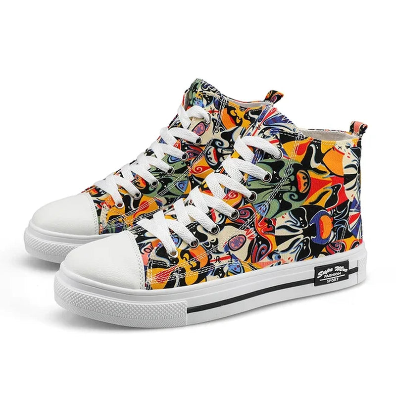 Cool Discount Low Price Shoes Graffiti Canvas Shoes Men'S Sneakers High Top Couple Style Board Casual Mens Tennis Men'S Shoes